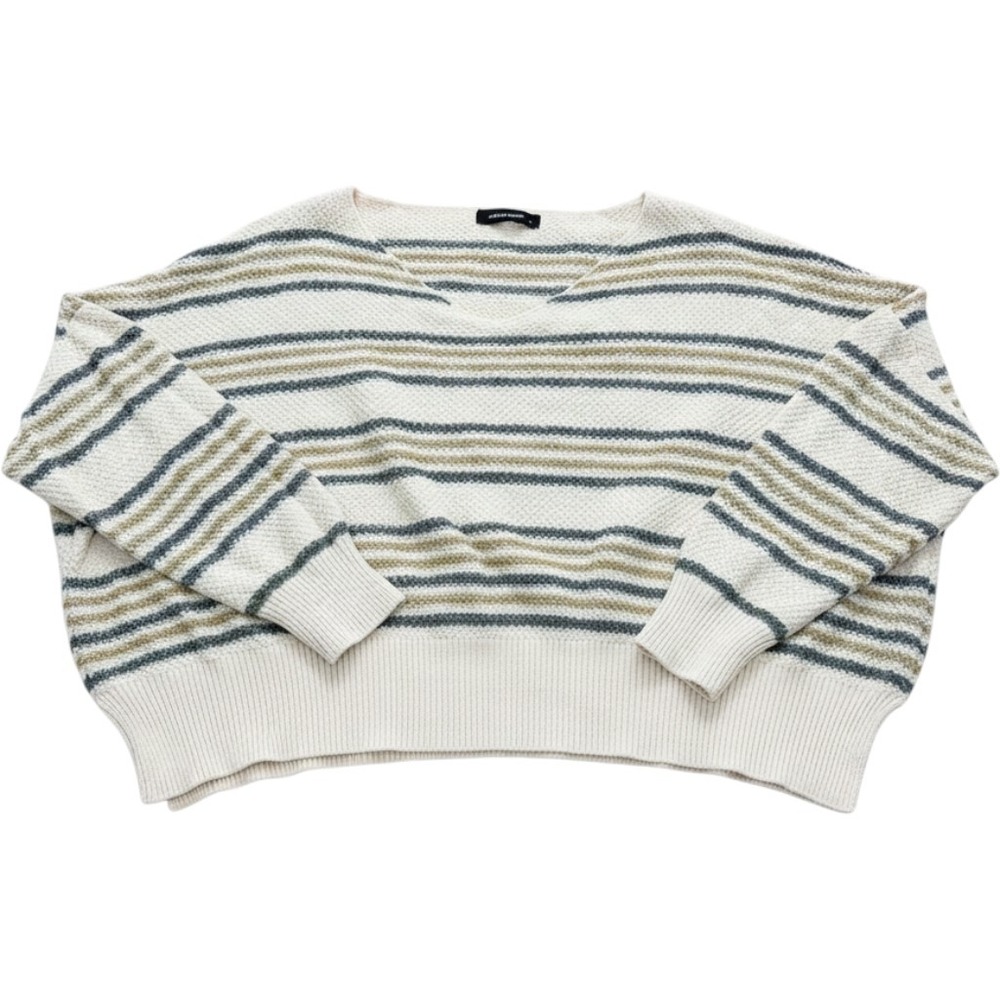 Olivaceous Striped V-Neck Knit Sweater Women M 100% Cotton Earthy Boho Casual